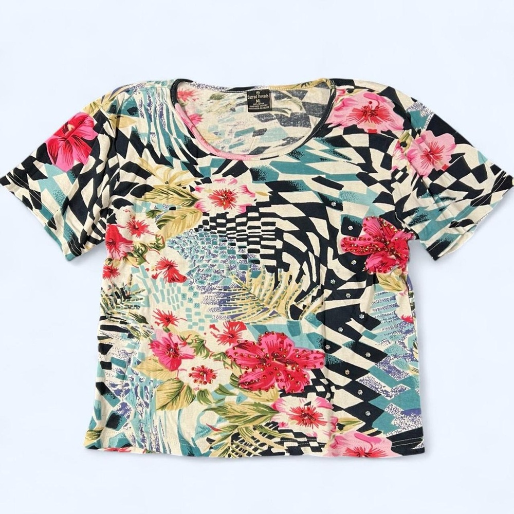 Vintage 90s 2000s Eclectic Patterned Top Floral Sequins Maximalism Y2K Whimsical